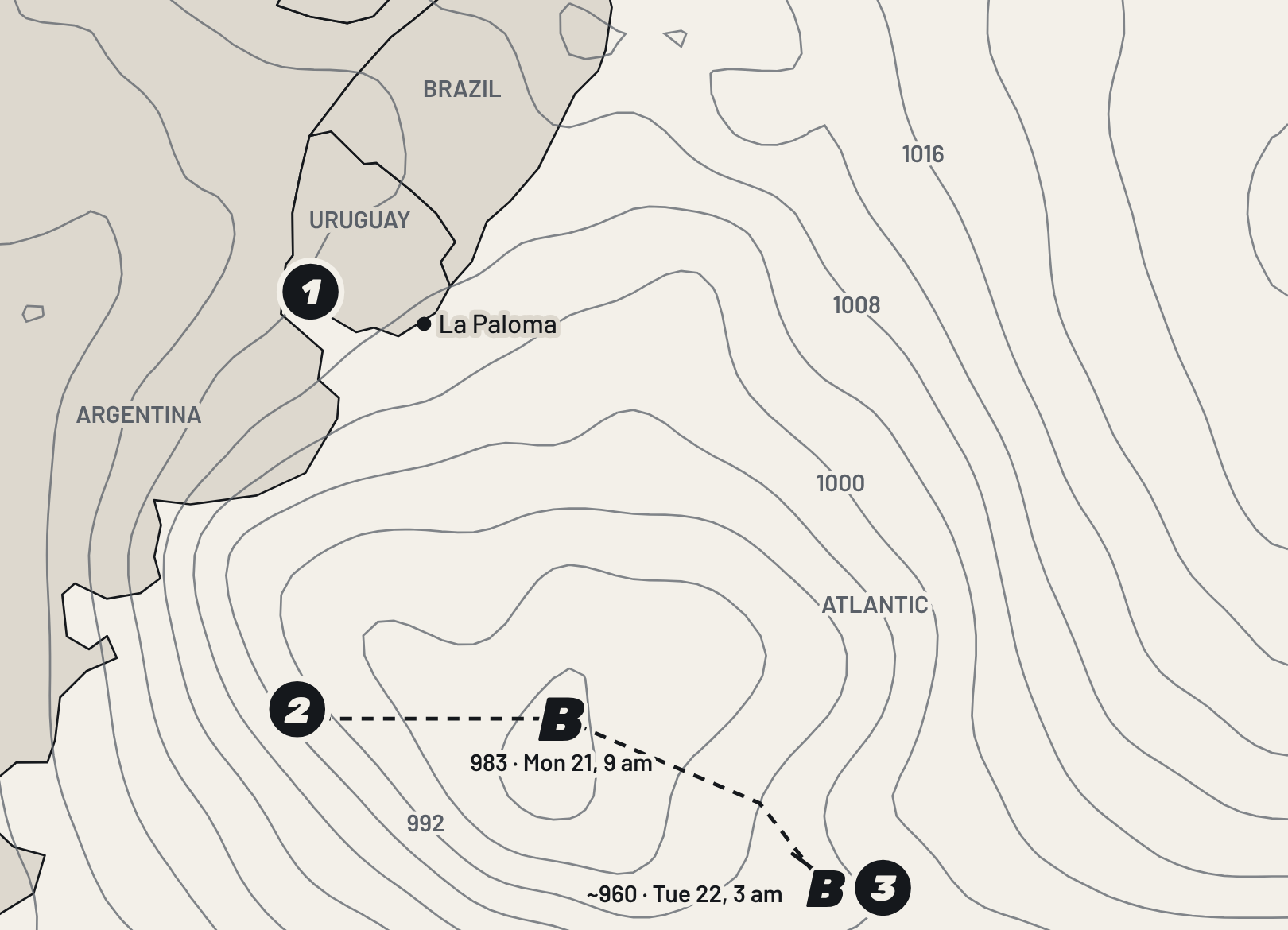 Map with the isobars for Monday September 21 at 9 am: a deep low off Patagonia and its track to the east until Tuesday the 22nd.