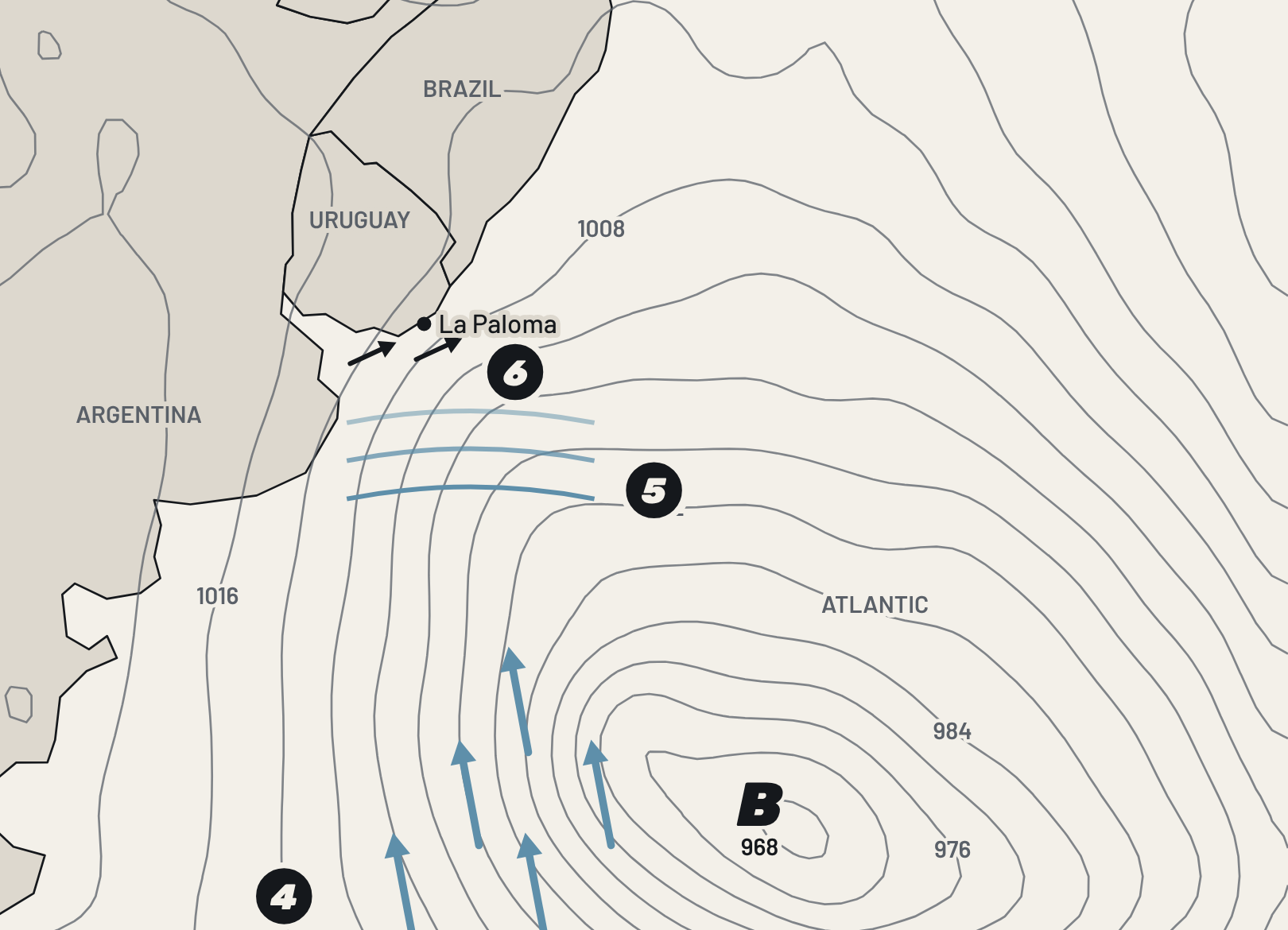 Map with the isobars for Monday September 21 at 9 pm: south wind over the sea southwest of the low, the swell travelling toward Uruguay and west wind near the coast.